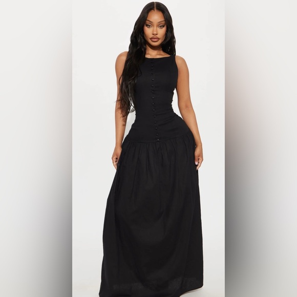 -Selene Linen Maxi Dress -Black - Picture 1 of 3